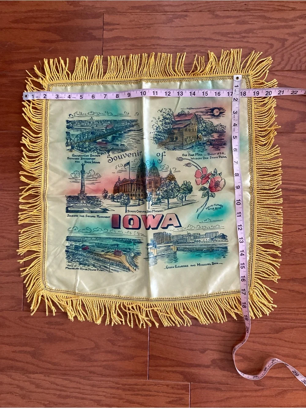 Vintage Iowa silk fringed pillow case from 1950’s approximately 16 x 16